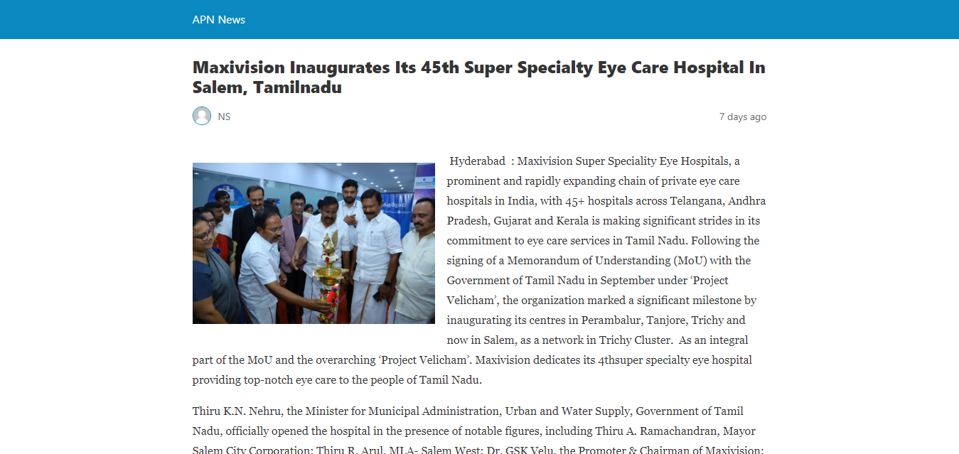 Maxivision Inaugurates Its 45th Super Specialty Eye Care Hospital In Salem, Tamilnadu