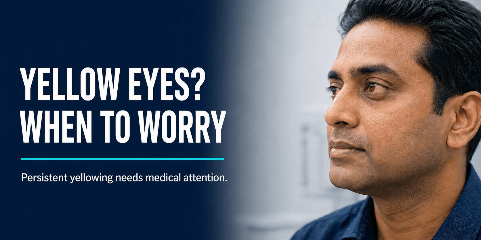 Man showing yellowing in the white of his eye, illustrating when persistent yellow eyes may require medical attention.